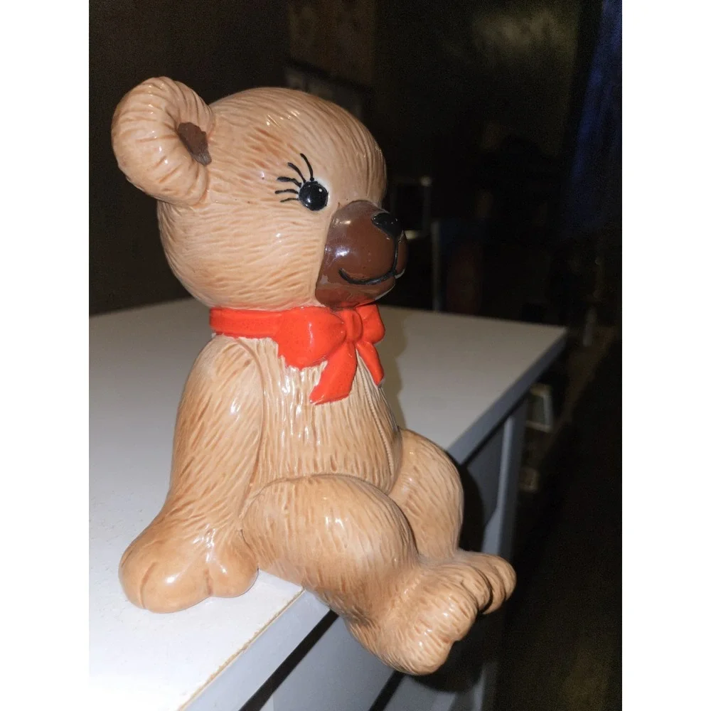 Vtg Ceramic Teddy Bear Shelf Sitter Artistic Signed & Dated Red Bow Christmas